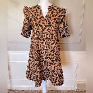 Goodthreads dress washed linen Small tiered brown black split neck ruffle boho